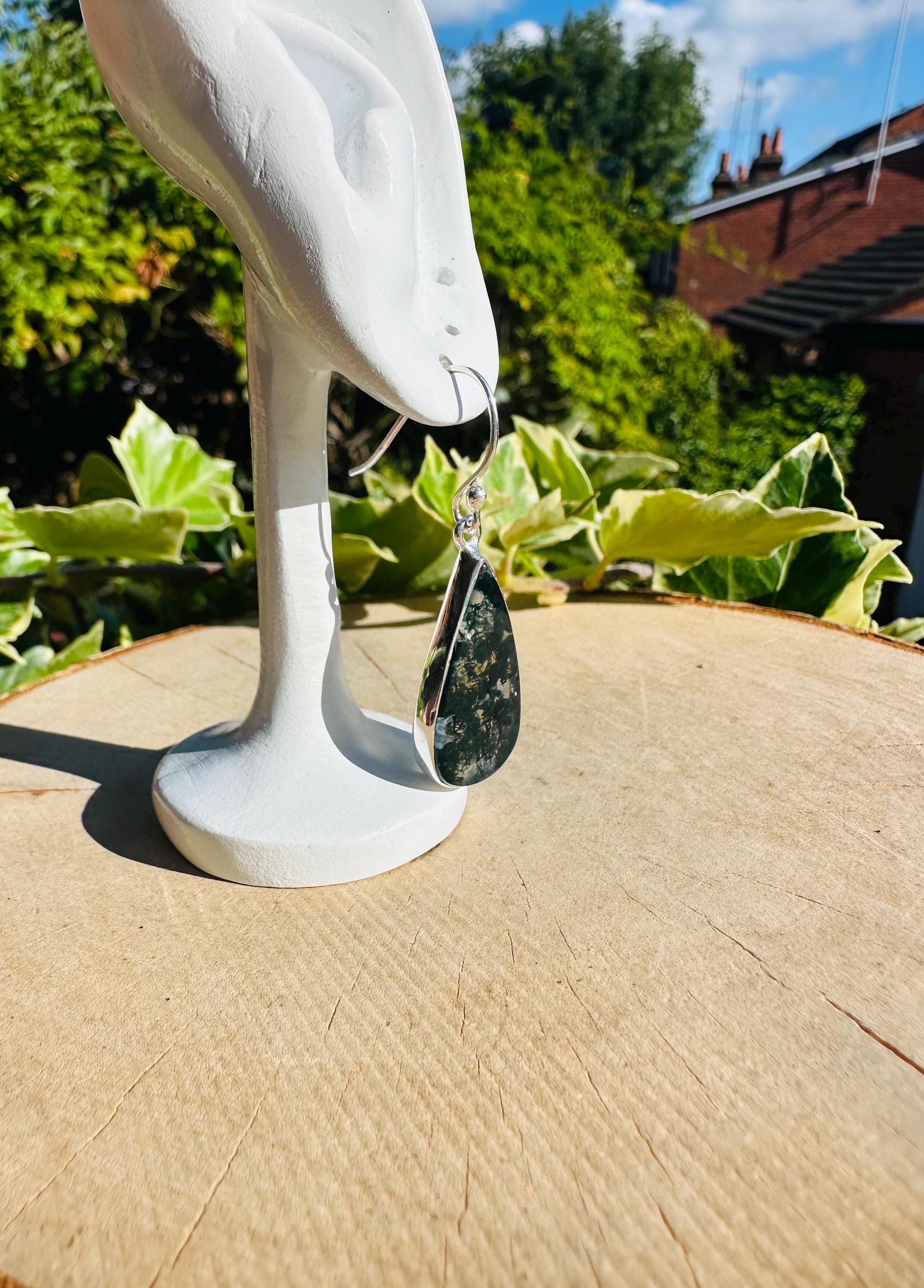 Moss Agate Dangle Earrings, Large Teardrop 26mm x 13mm Sterling Silver, Handmade UK gift