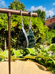 Moss Agate Dangle Earrings, Large Teardrop 26mm x 13mm Sterling Silver, Handmade UK gift
