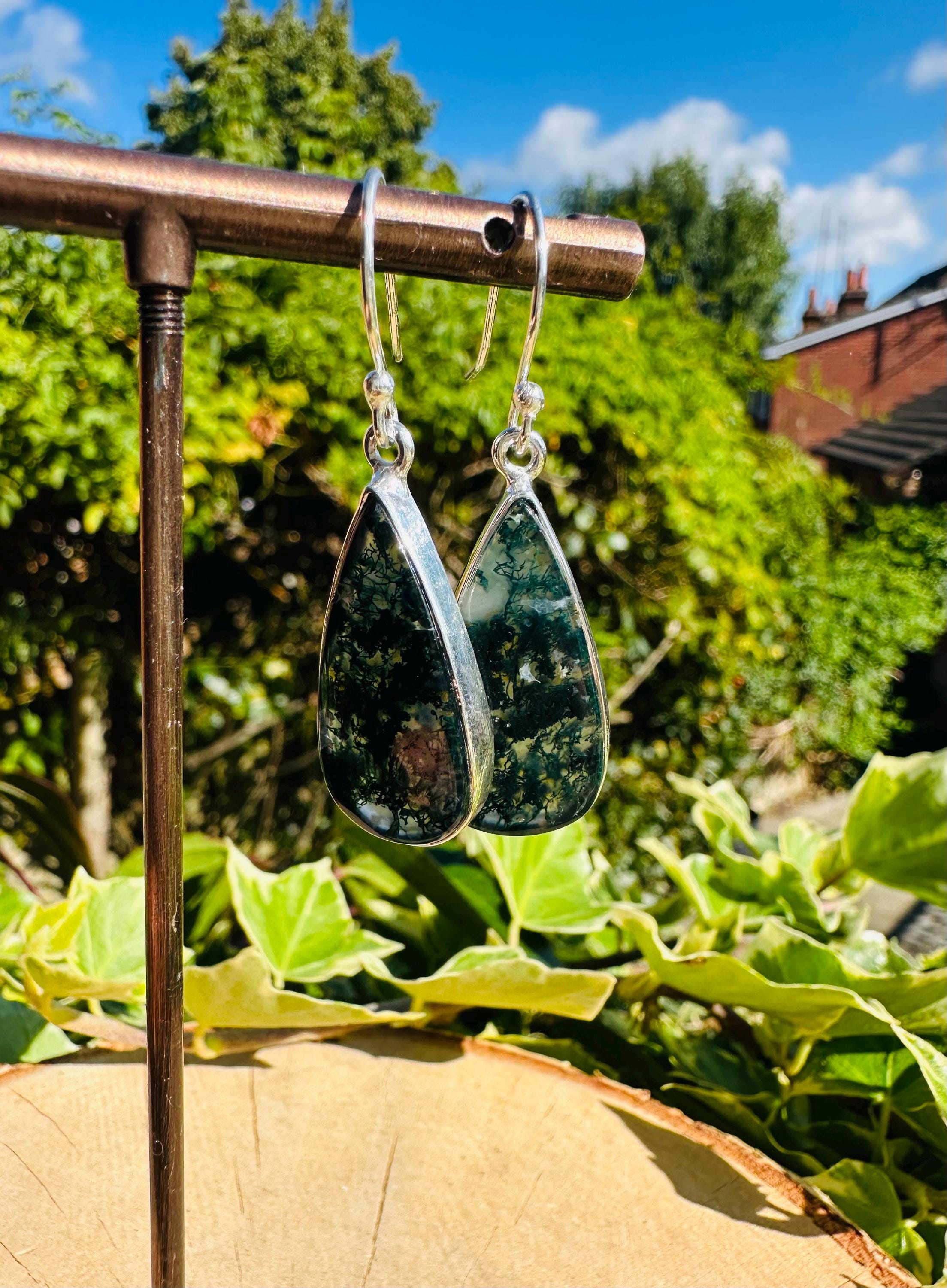 Moss Agate Dangle Earrings, Large Teardrop 26mm x 13mm Sterling Silver, Handmade UK gift