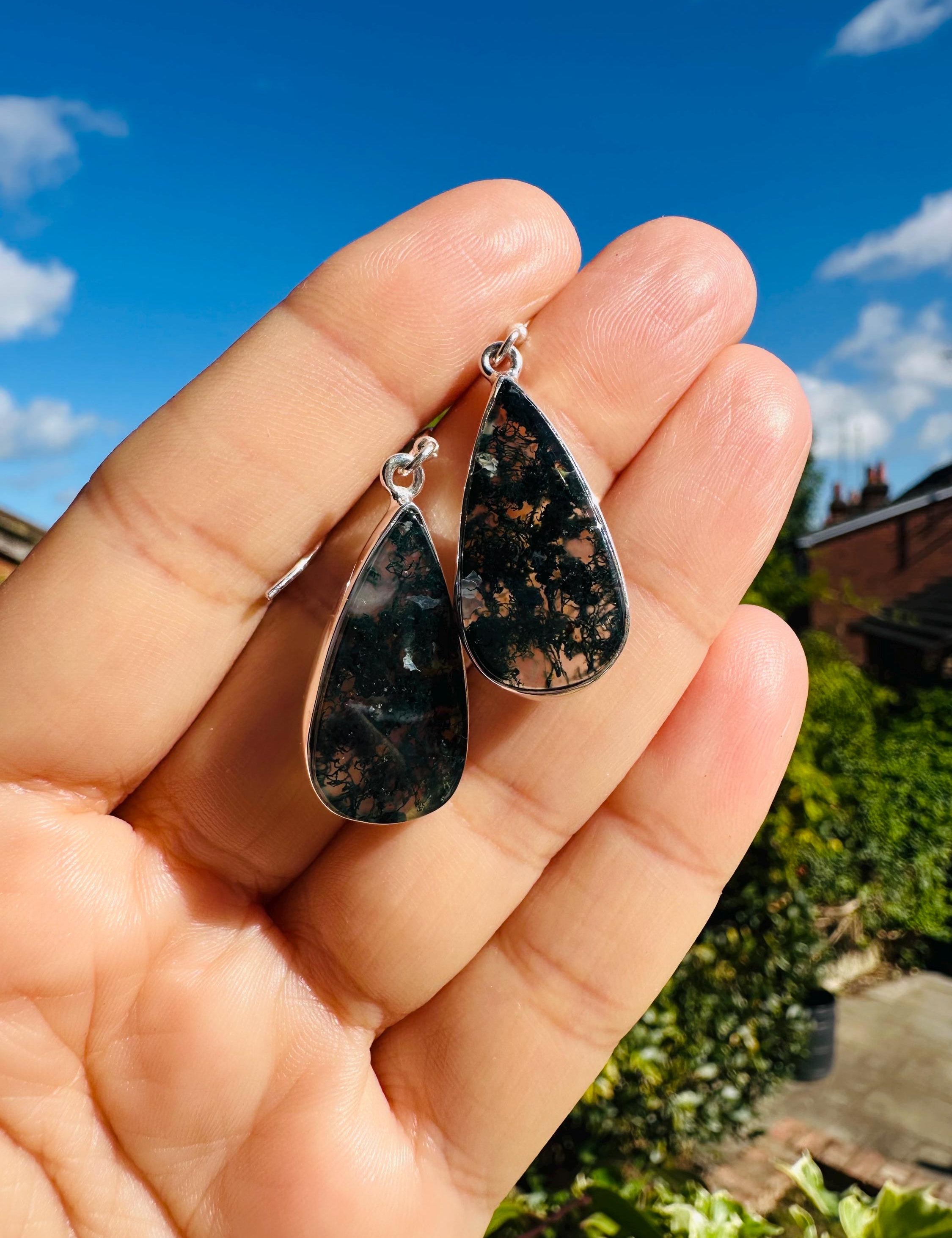 Moss Agate Dangle Earrings, Large Teardrop 26mm x 13mm Sterling Silver, Handmade UK gift