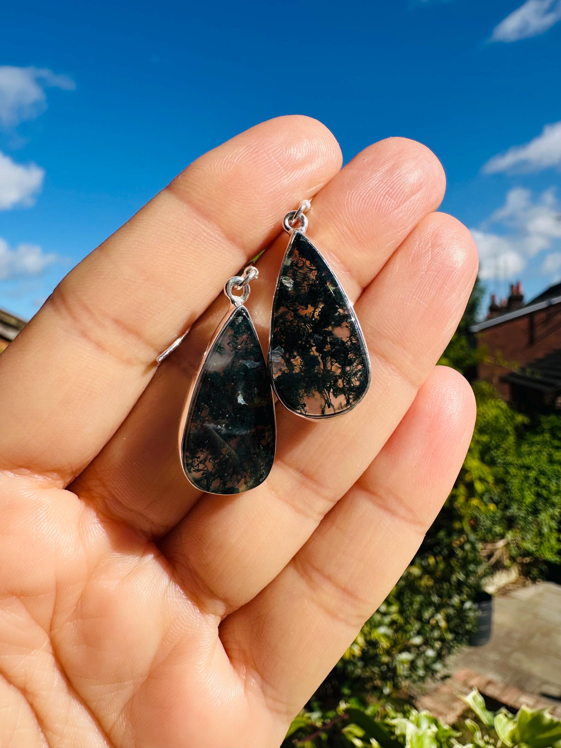 Moss Agate Dangle Earrings, Large Teardrop 26mm x 13mm Sterling Silver, Handmade UK gift