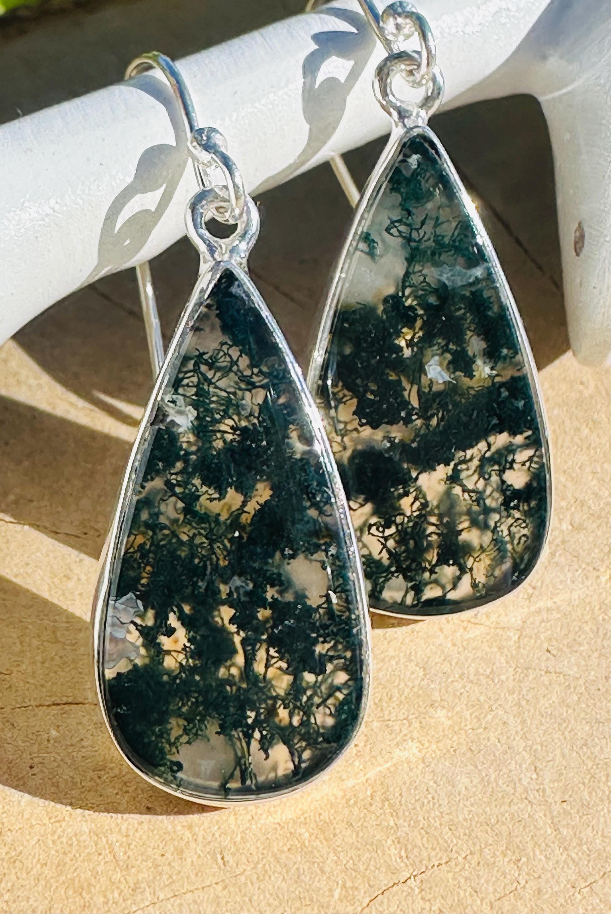 Moss Agate Dangle Earrings, Large Teardrop 26mm x 13mm Sterling Silver, Handmade UK gift