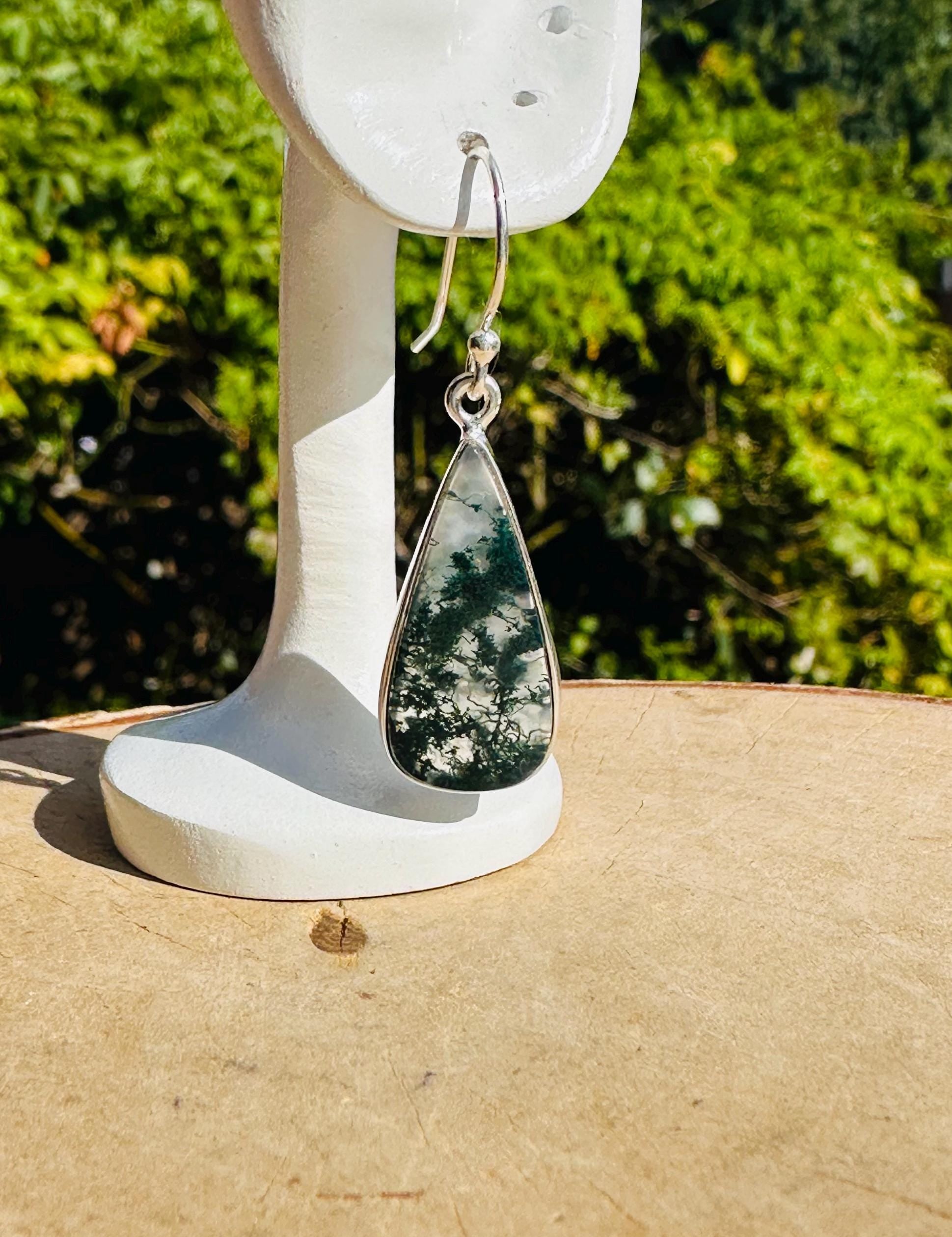Moss Agate Dangle Earrings, Large Teardrop 23mm x 12mm Sterling Silver, Handmade UK gift