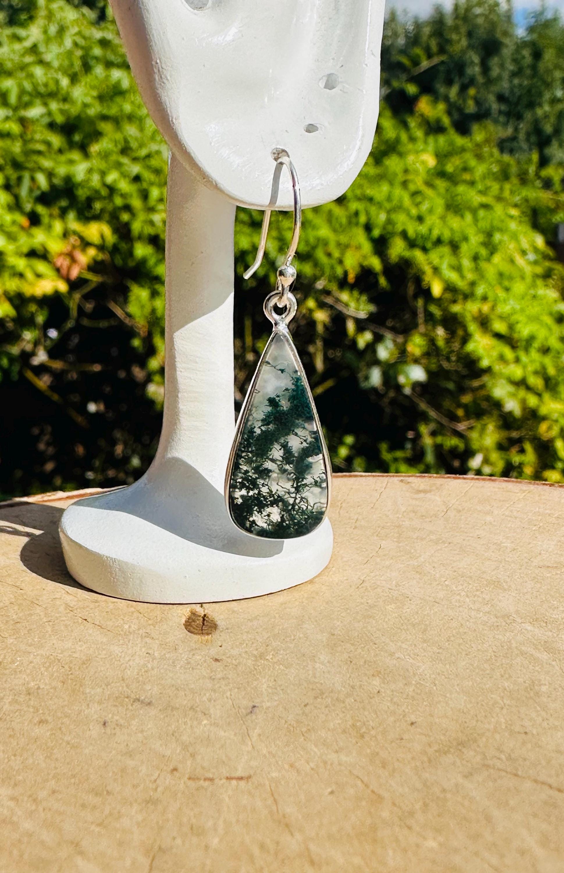 Moss Agate Dangle Earrings, Large Teardrop 23mm x 12mm Sterling Silver, Handmade UK gift
