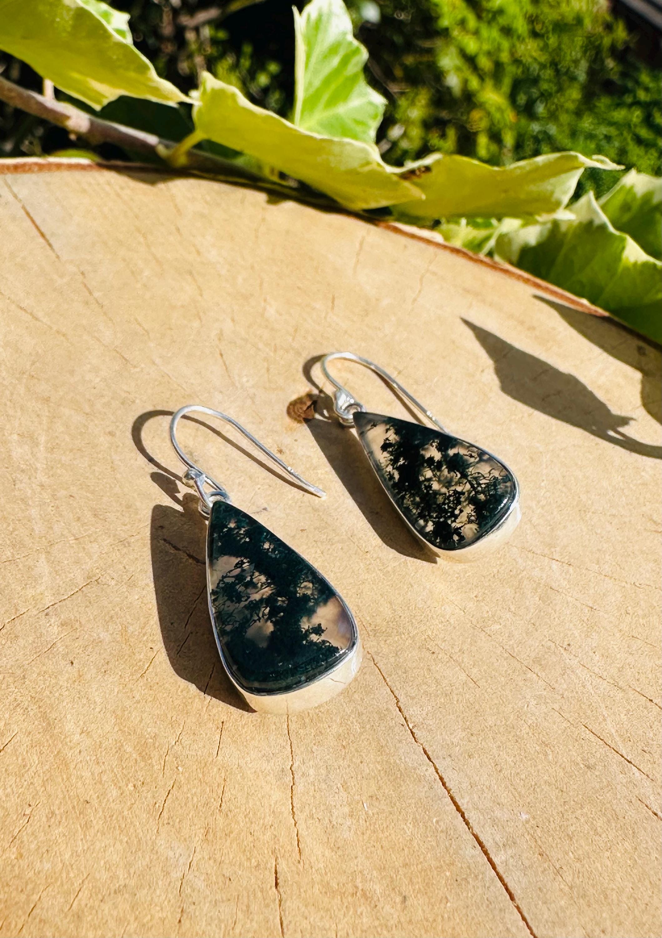 Moss Agate Dangle Earrings, Large Teardrop 23mm x 12mm Sterling Silver, Handmade UK gift