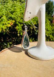 Moss Agate Dangle Earrings, Large Teardrop 23mm x 12mm Sterling Silver, Handmade UK gift