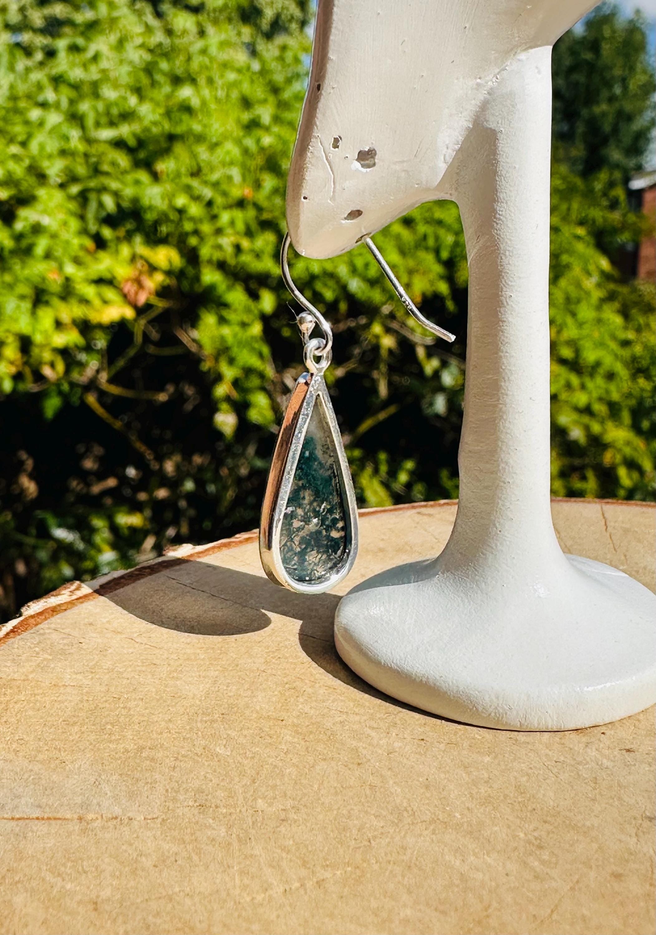 Moss Agate Dangle Earrings, Large Teardrop 23mm x 12mm Sterling Silver, Handmade UK gift