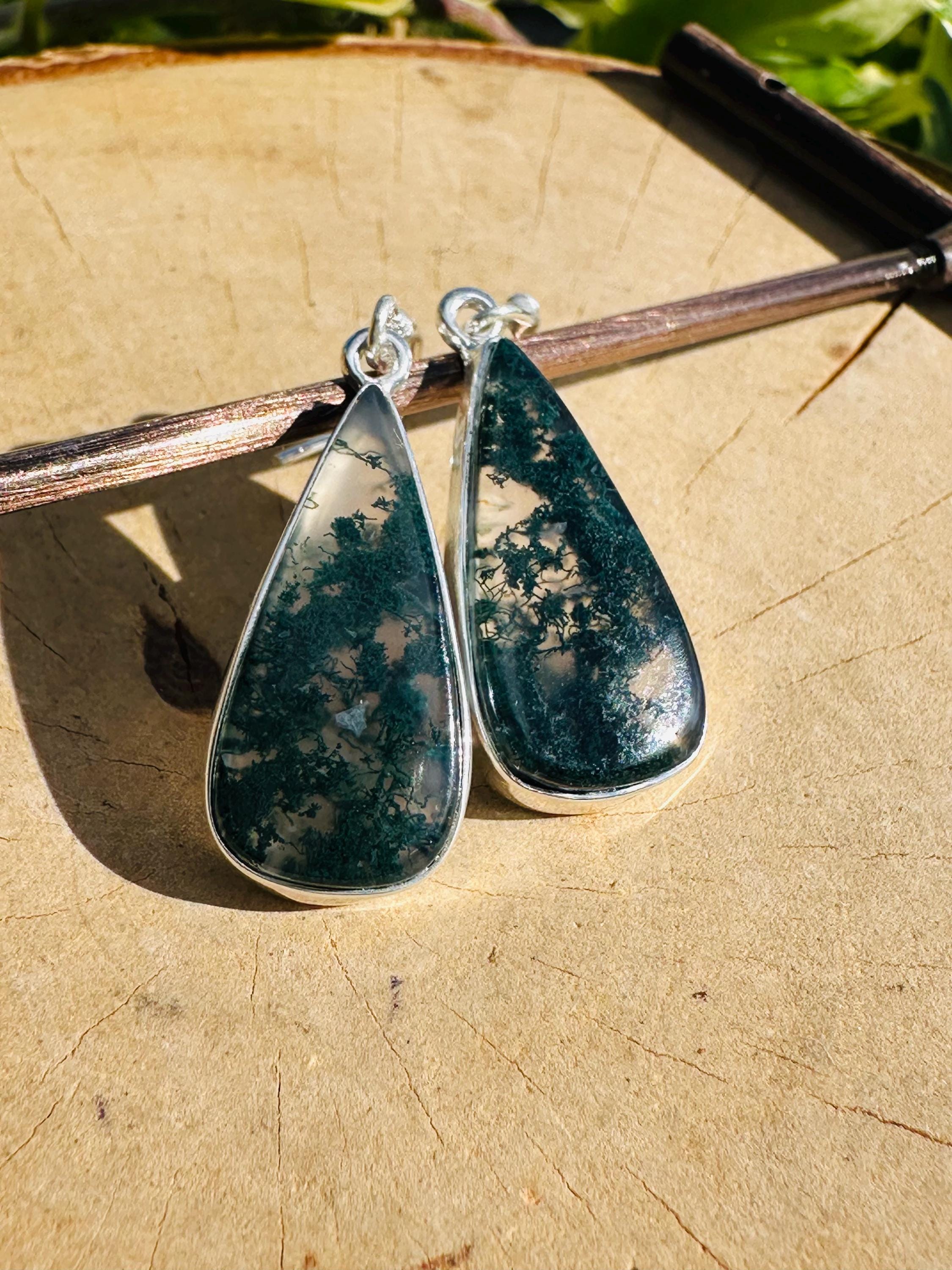Moss Agate Dangle Earrings, Large Teardrop 23mm x 12mm Sterling Silver, Handmade UK gift