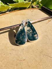 Moss Agate Dangle Earrings, Large Teardrop 23mm x 12mm Sterling Silver, Handmade UK gift