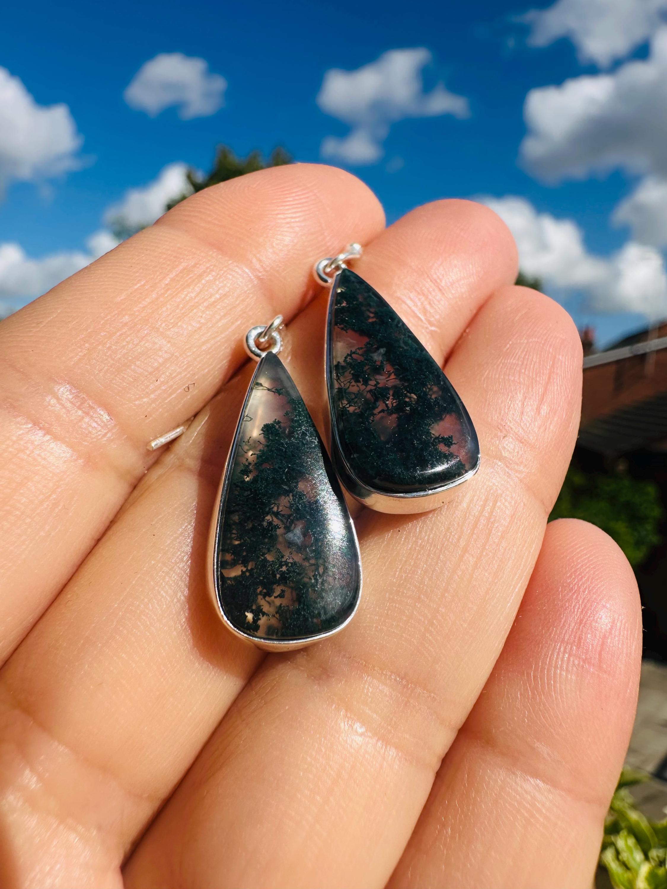 Moss Agate Dangle Earrings, Large Teardrop 23mm x 12mm Sterling Silver, Handmade UK gift