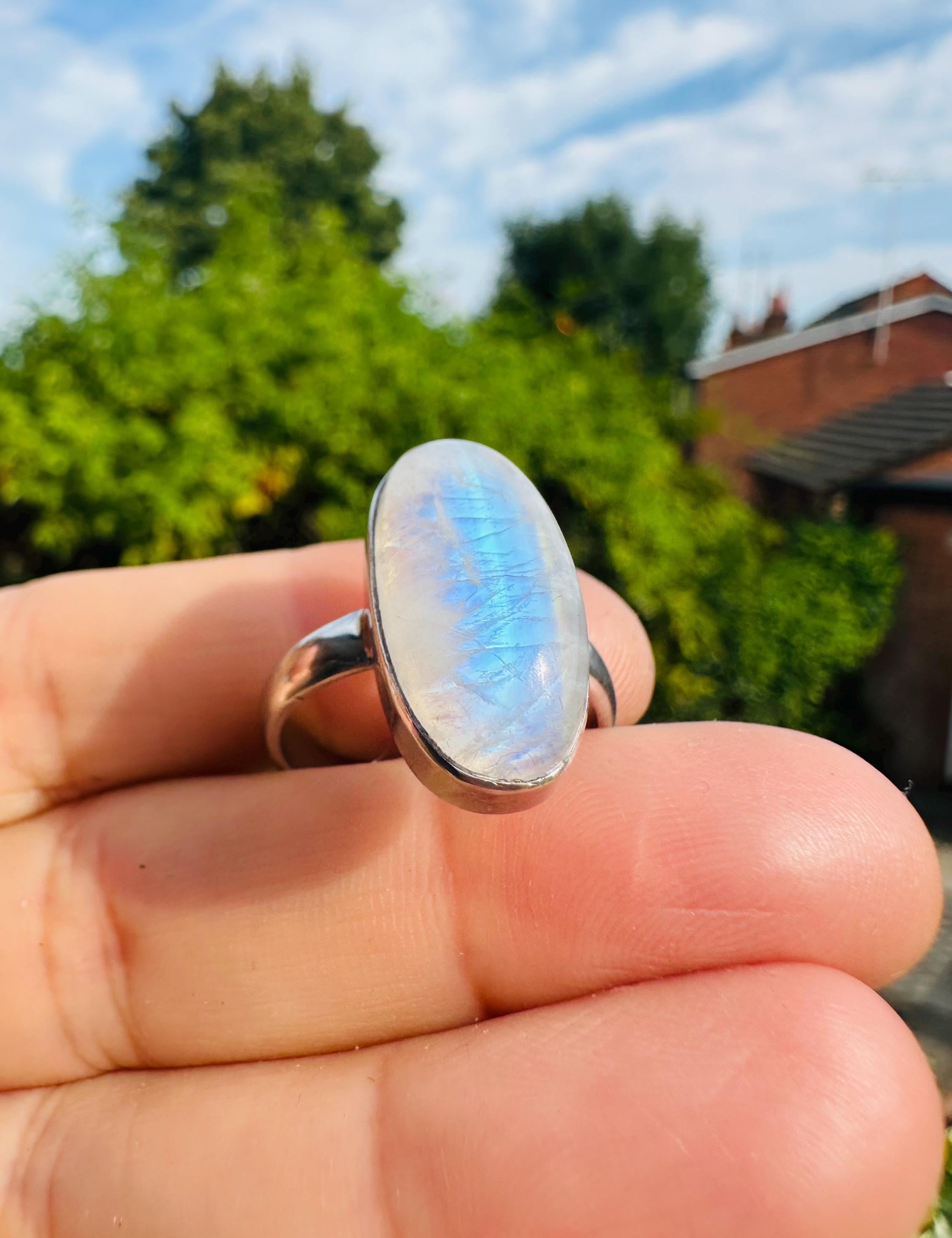 Blue Fire Moonstone Cabochon Ring, Oval 22mm x 11mm, Sterling Silver Handmade UK gift