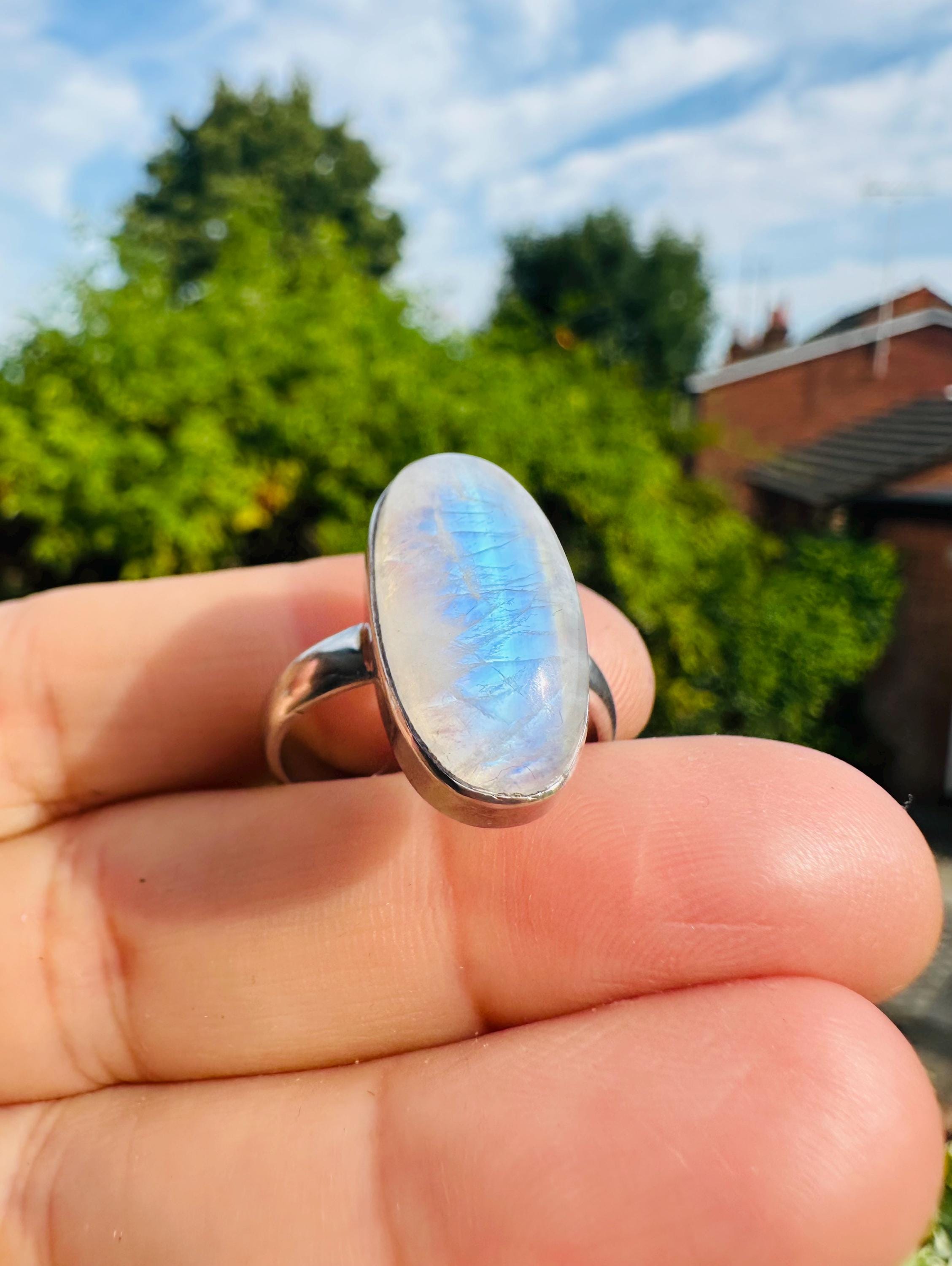 Blue Fire Moonstone Cabochon Ring, Oval 22mm x 11mm, Sterling Silver Handmade UK gift