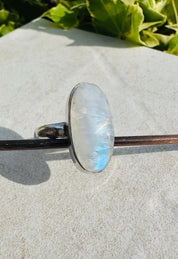Blue Fire Moonstone Cabochon Ring, Oval 22mm x 11mm, Sterling Silver Handmade UK gift