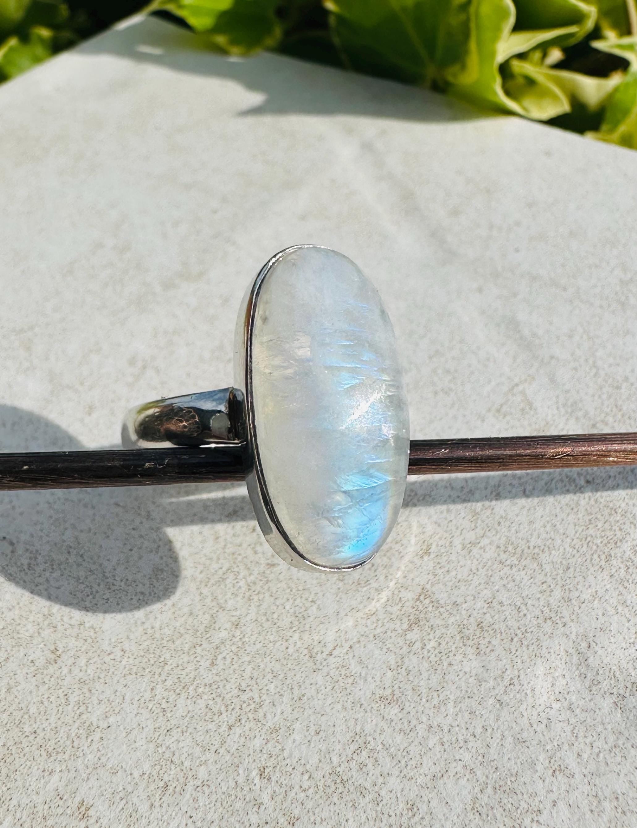 Blue Fire Moonstone Cabochon Ring, Oval 22mm x 11mm, Sterling Silver Handmade UK gift