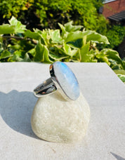 Blue Fire Moonstone Cabochon Ring, Oval 22mm x 11mm, Sterling Silver Handmade UK gift