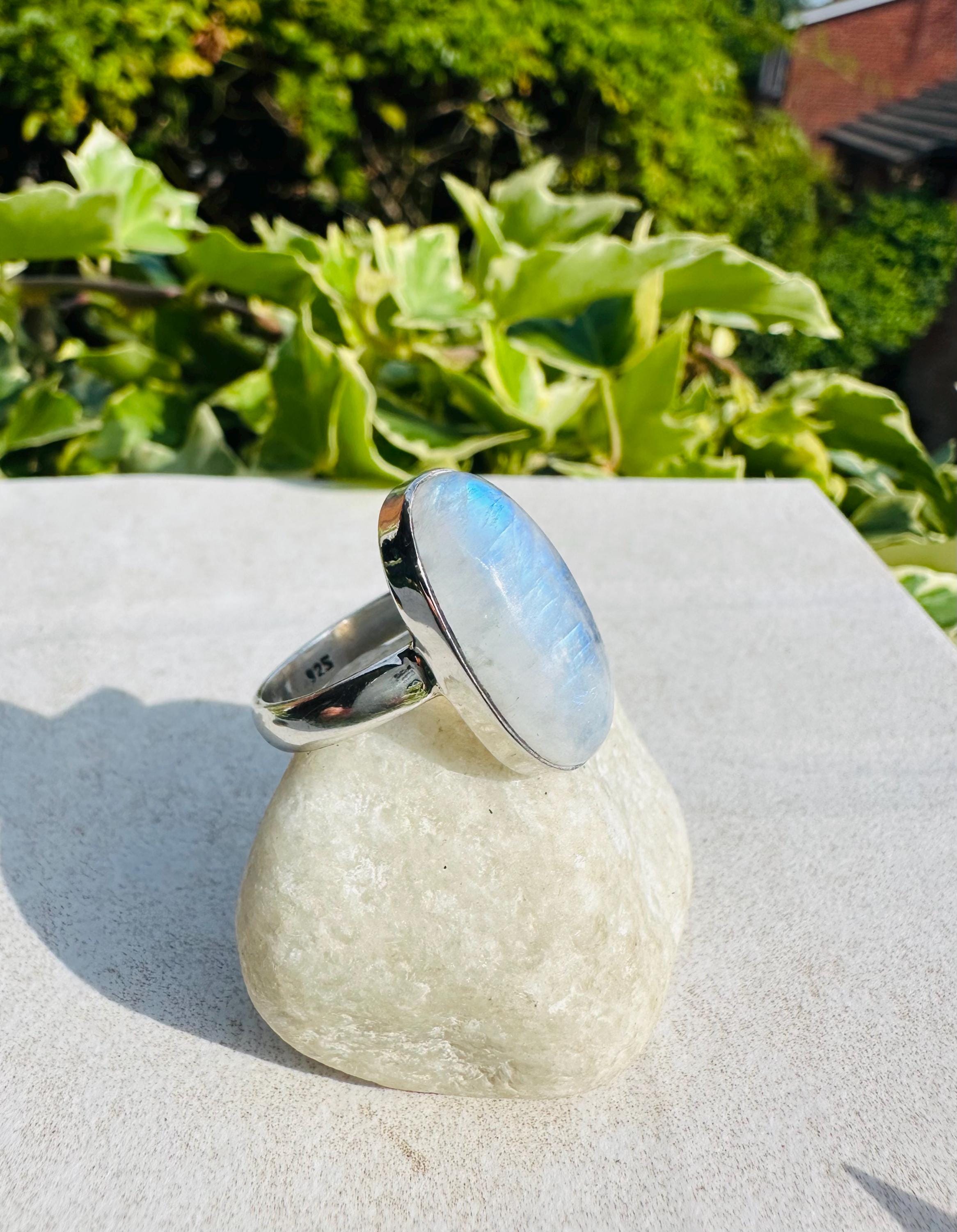 Blue Fire Moonstone Cabochon Ring, Oval 22mm x 11mm, Sterling Silver Handmade UK gift