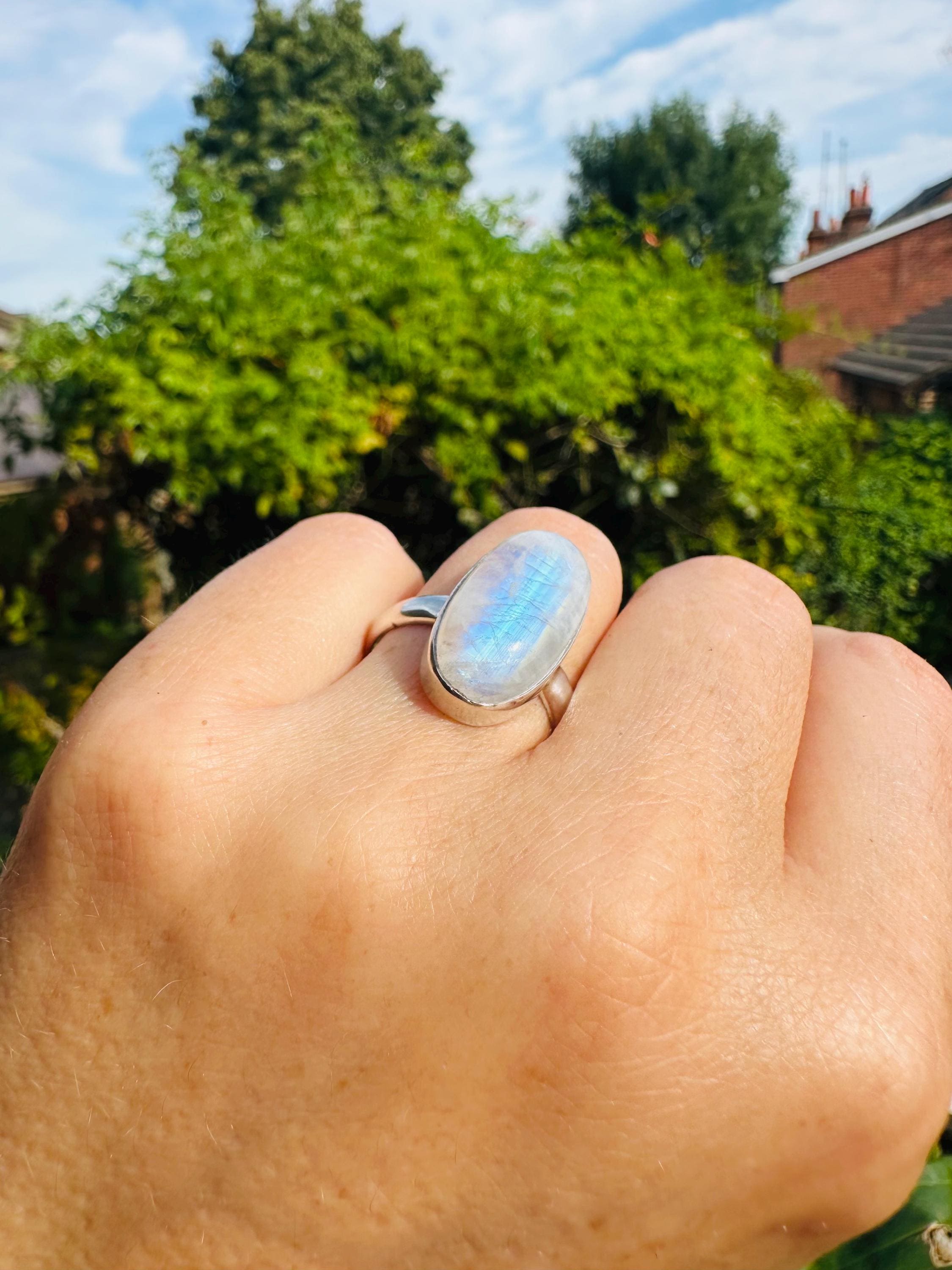 Blue Fire Moonstone Cabochon Ring, Oval 22mm x 11mm, Sterling Silver Handmade UK gift