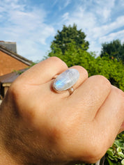 Blue Fire Moonstone Cabochon Ring, Oval 22mm x 11mm, Sterling Silver Handmade UK gift