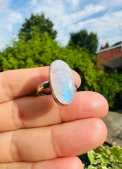 Blue Fire Moonstone Cabochon Ring, Oval 22mm x 11mm, Sterling Silver Handmade UK gift