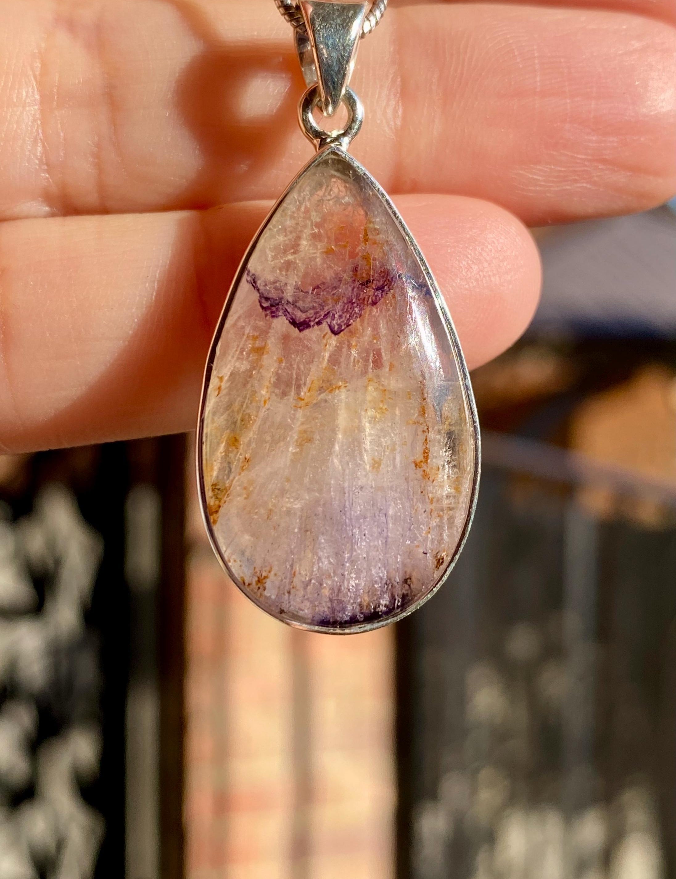 Rare Blue John Pendant, Teardrop 30mm x 18mm, Sterling Silver, Derbyshire UK