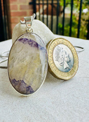 Rare Blue John Pendant, Oval 21mm x 19mm, Sterling Silver, Handmade Derbyshire UK gift