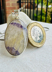Rare Blue John Pendant, Oval 21mm x 19mm, Sterling Silver, Handmade Derbyshire UK gift