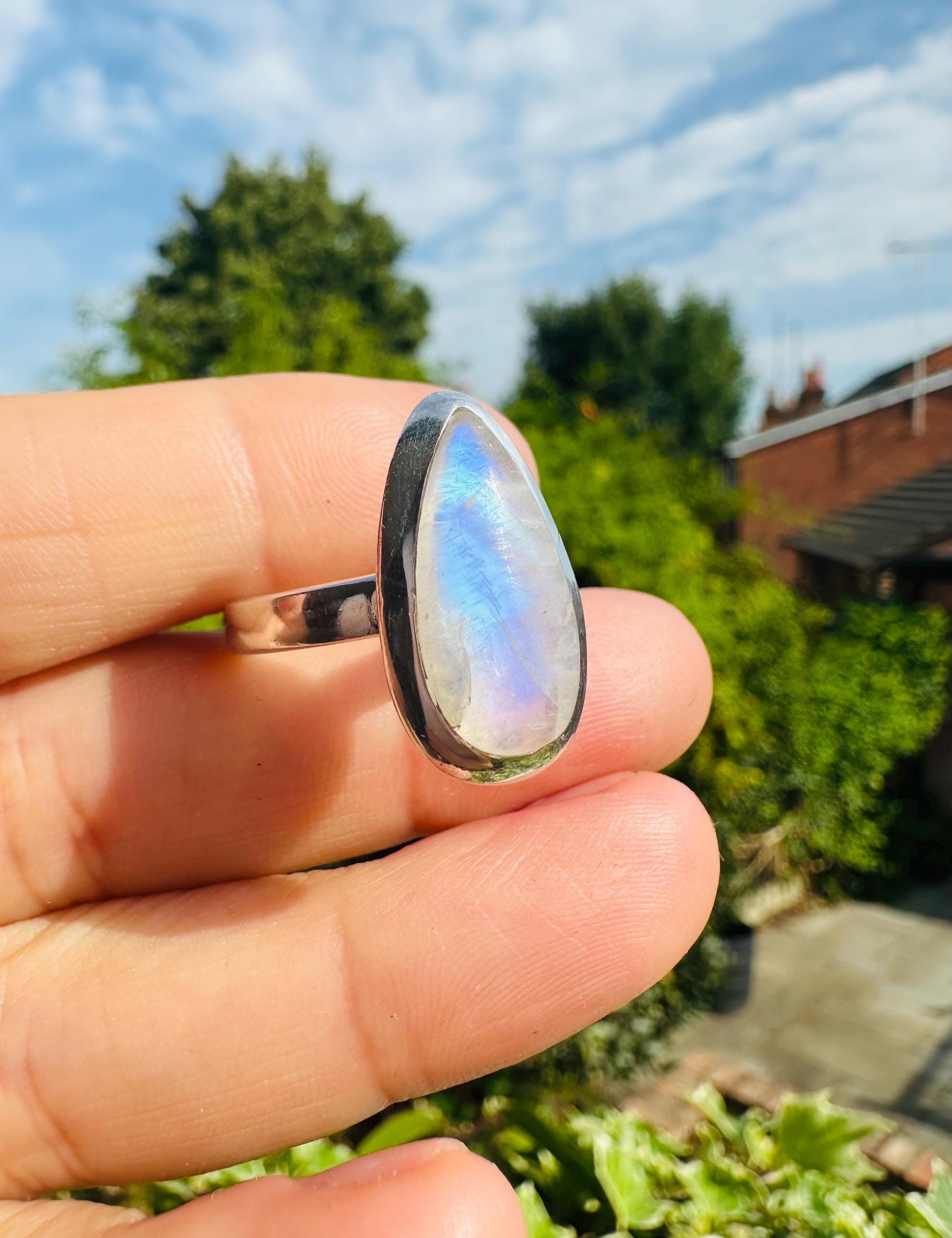 Blue Fire Moonstone Cabochon Ring, Teardrop 21mm x 13mm, Sterling Silver Handmade UK gift
