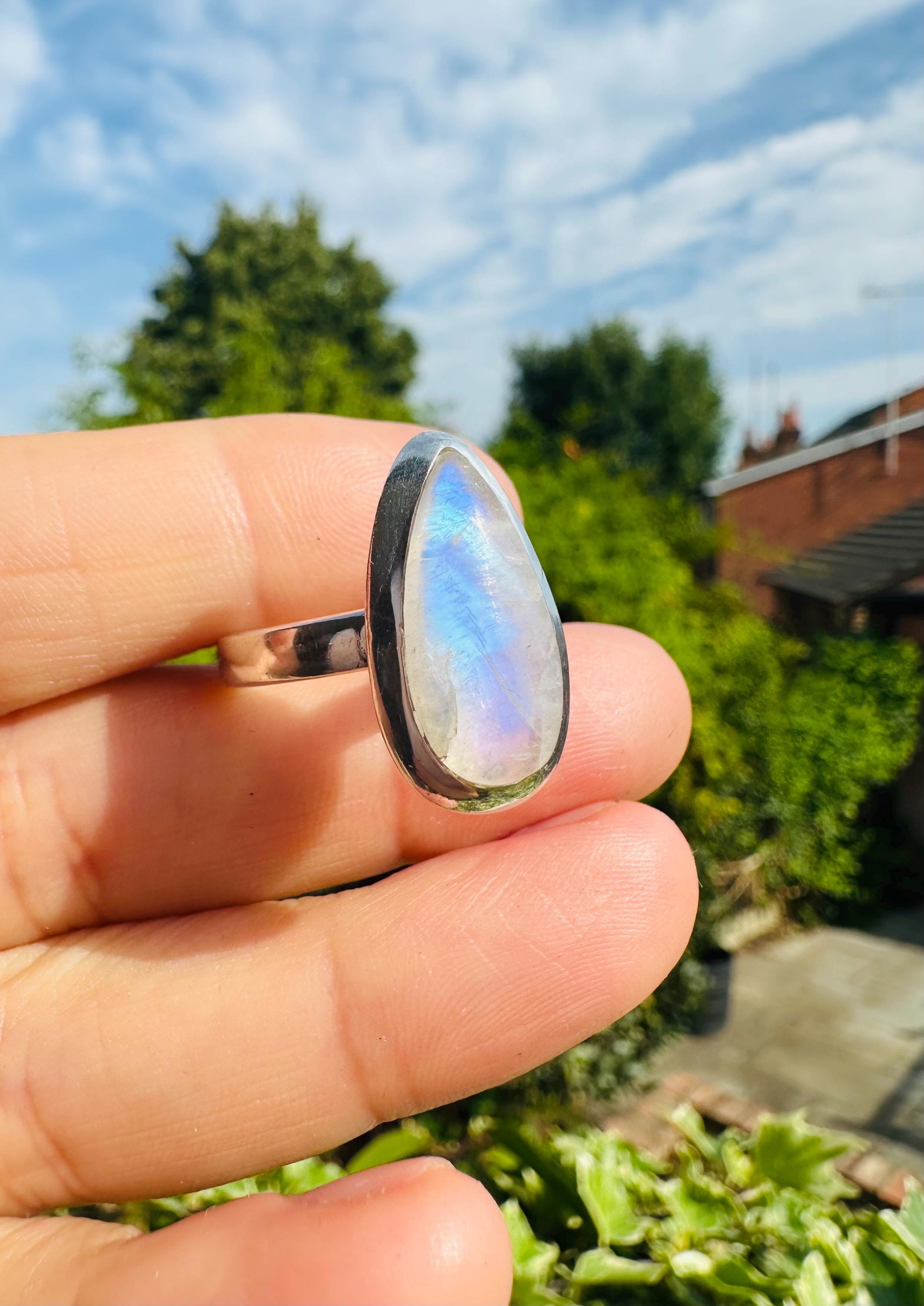 Blue Fire Moonstone Cabochon Ring, Teardrop 21mm x 13mm, Sterling Silver Handmade UK gift