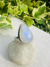 Blue Fire Moonstone Cabochon Ring, Teardrop 23mm x 16mm, Sterling Silver Handmade UK gift