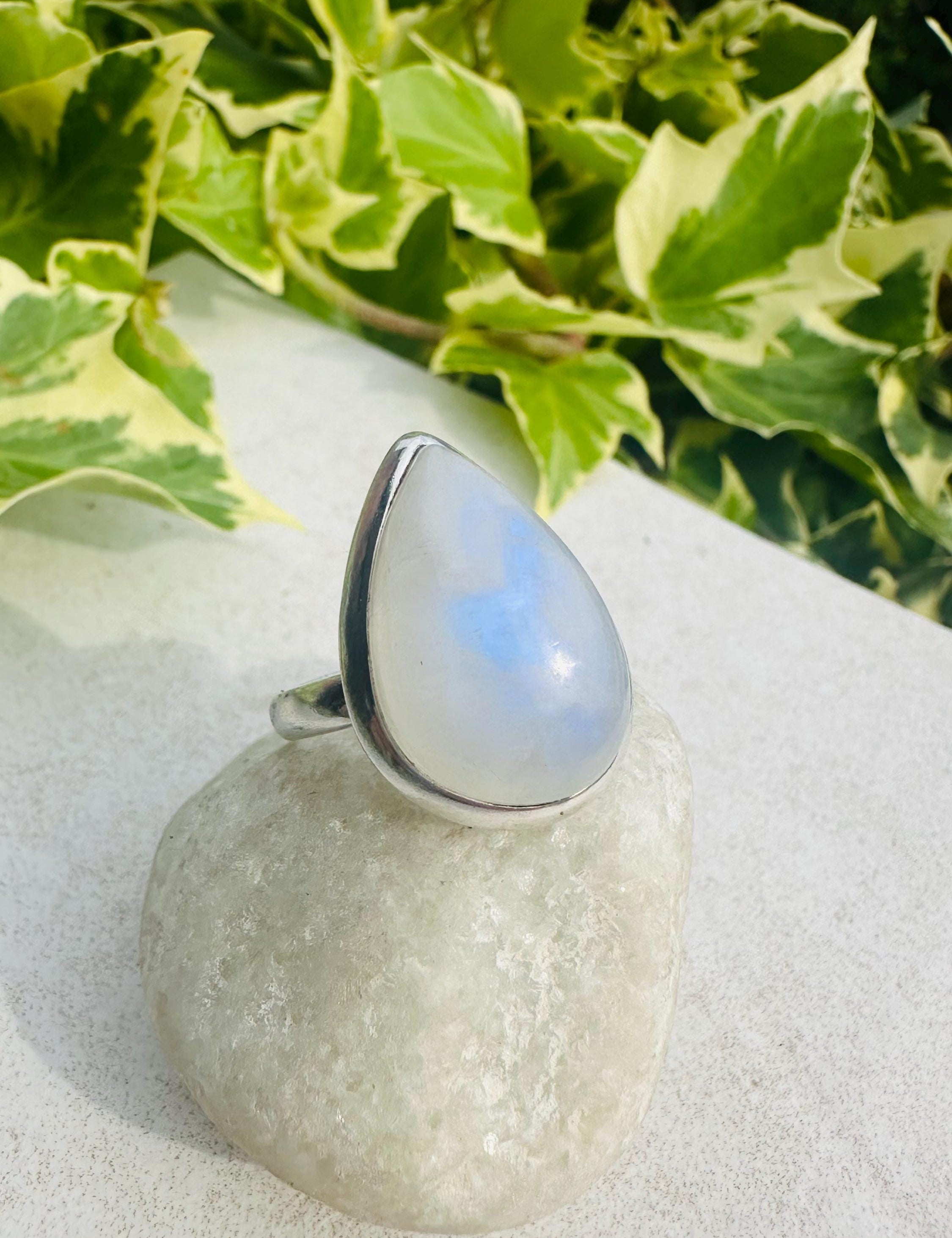 Blue Fire Moonstone Cabochon Ring, Teardrop 23mm x 16mm, Sterling Silver Handmade UK gift