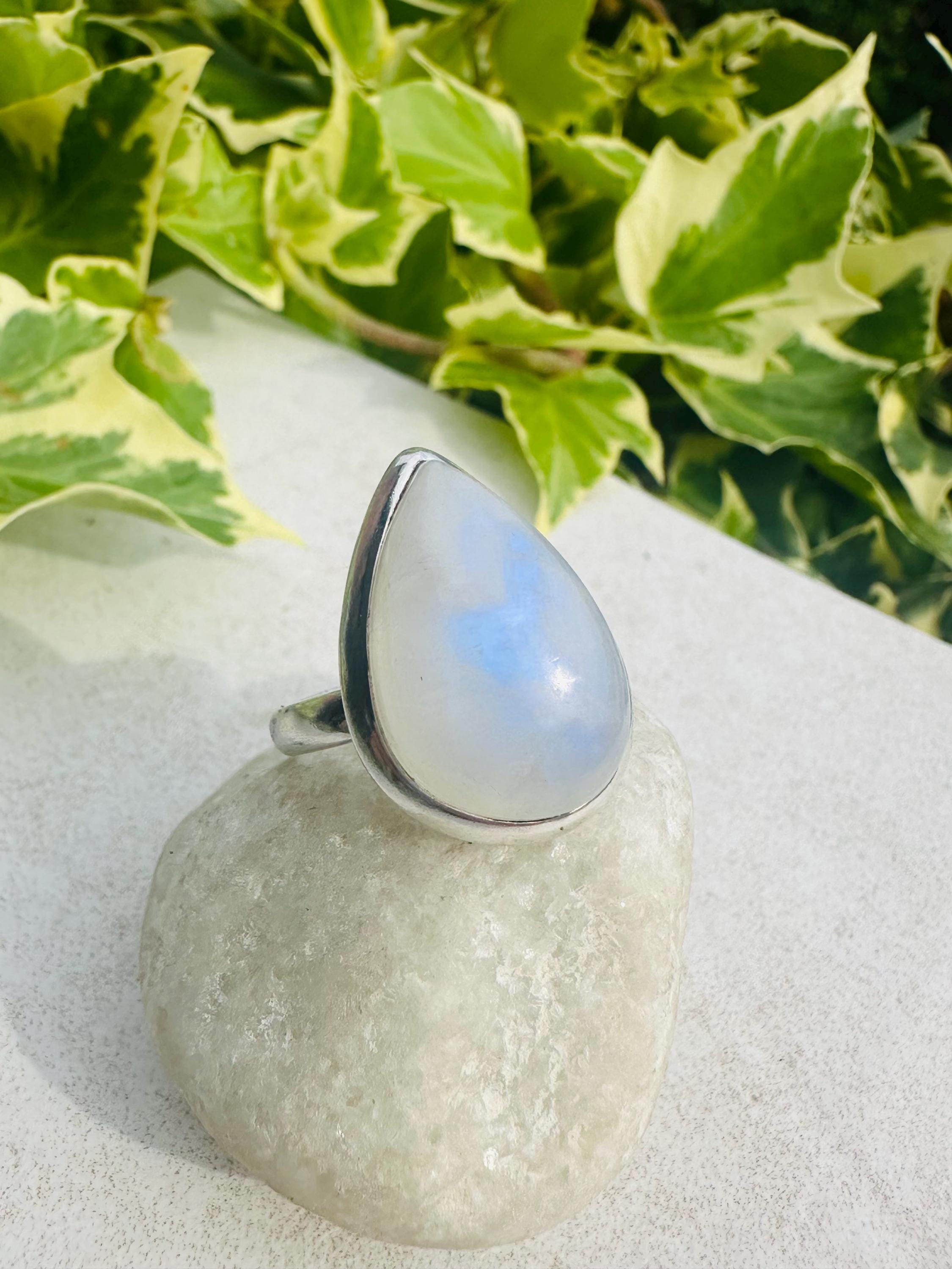 Blue Fire Moonstone Cabochon Ring, Teardrop 23mm x 16mm, Sterling Silver Handmade UK gift