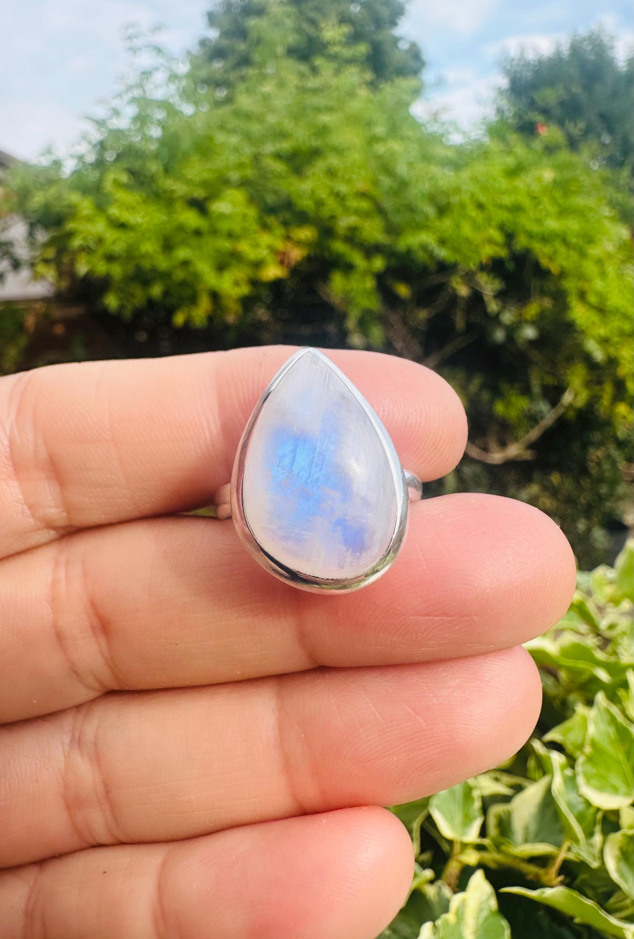 Blue Fire Moonstone Cabochon Ring, Teardrop 23mm x 16mm, Sterling Silver Handmade UK gift