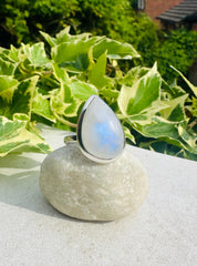 Blue Fire Moonstone Cabochon Ring, Teardrop 23mm x 16mm, Sterling Silver Handmade UK gift