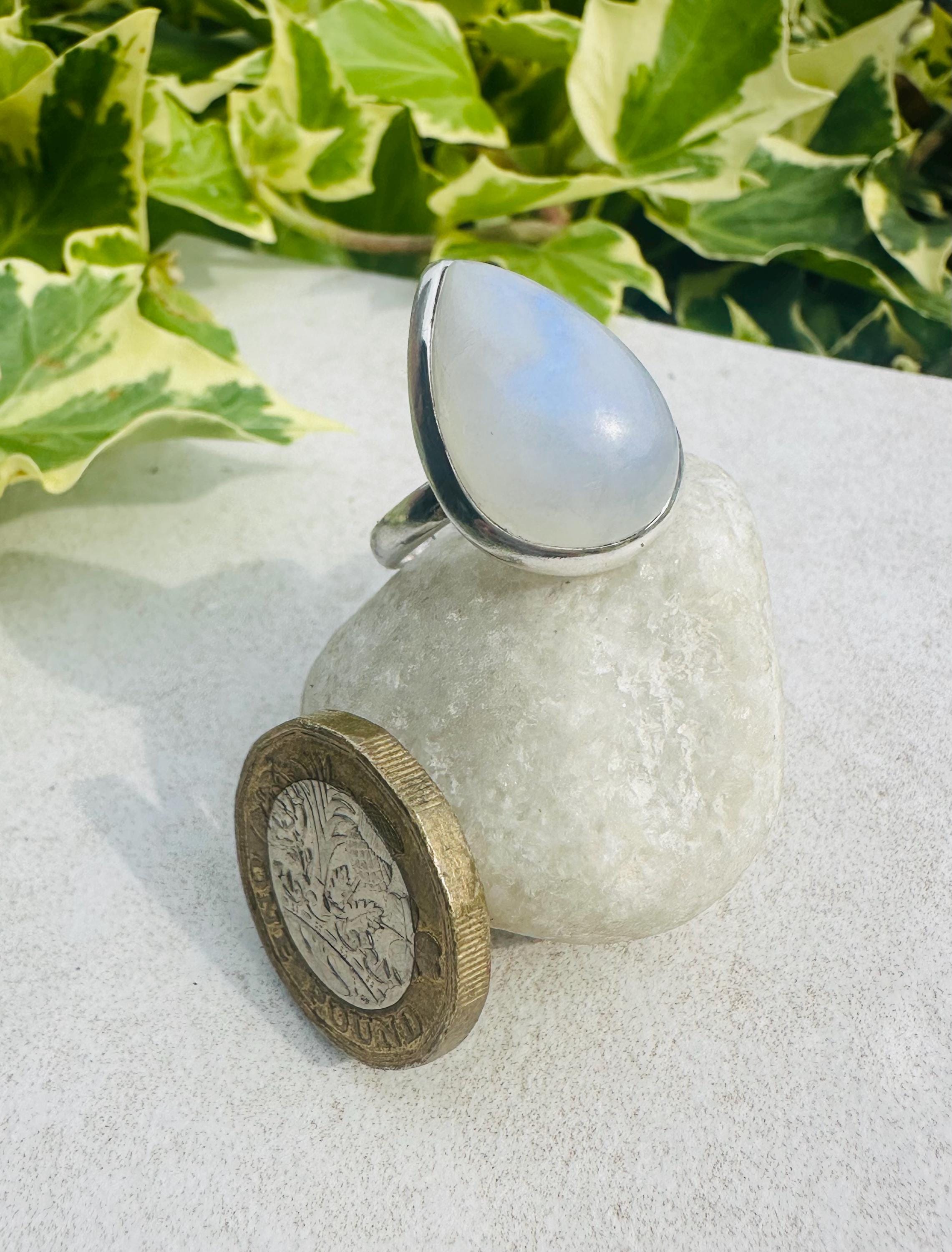 Blue Fire Moonstone Cabochon Ring, Teardrop 23mm x 16mm, Sterling Silver Handmade UK gift