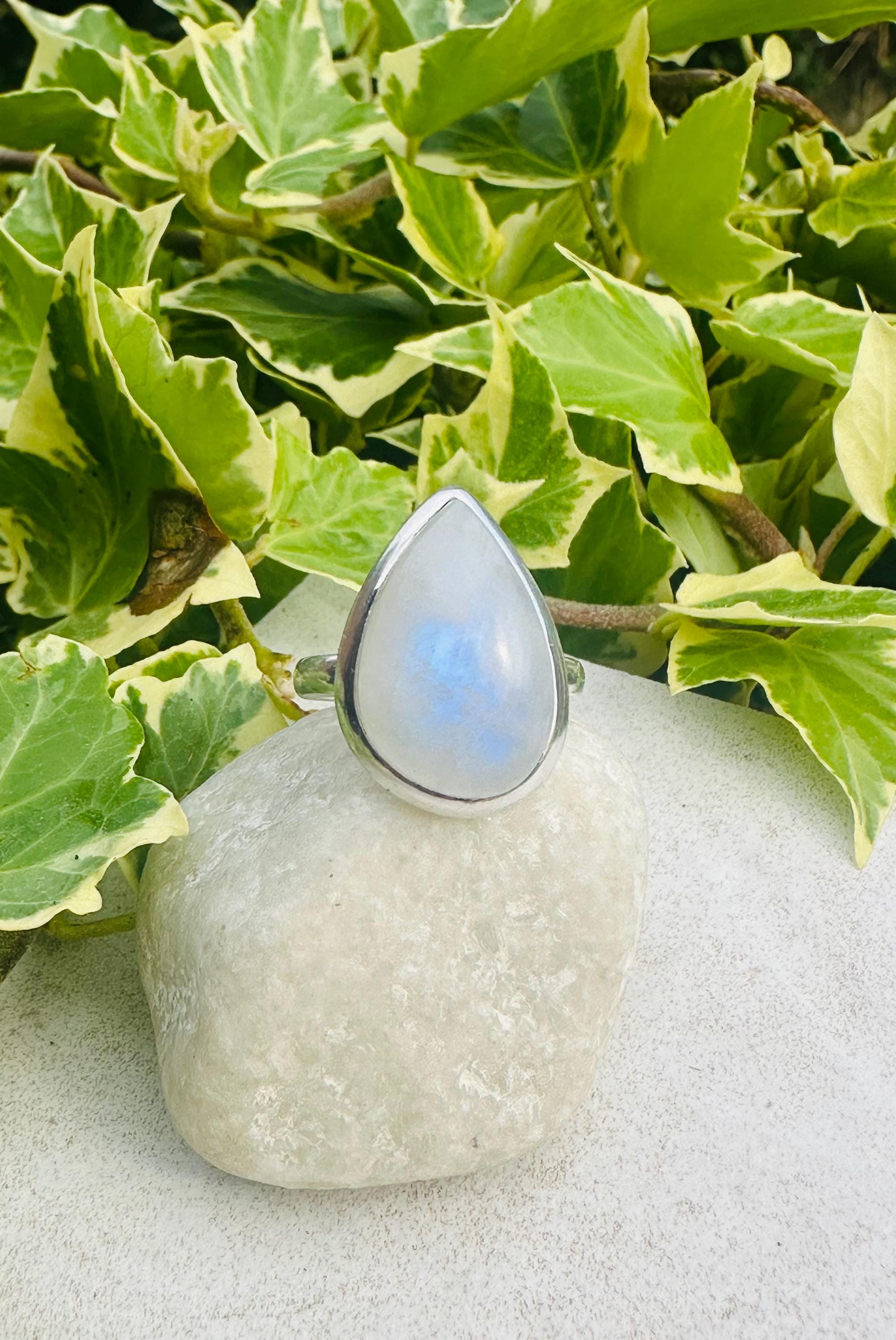 Blue Fire Moonstone Cabochon Ring, Teardrop 23mm x 16mm, Sterling Silver Handmade UK gift