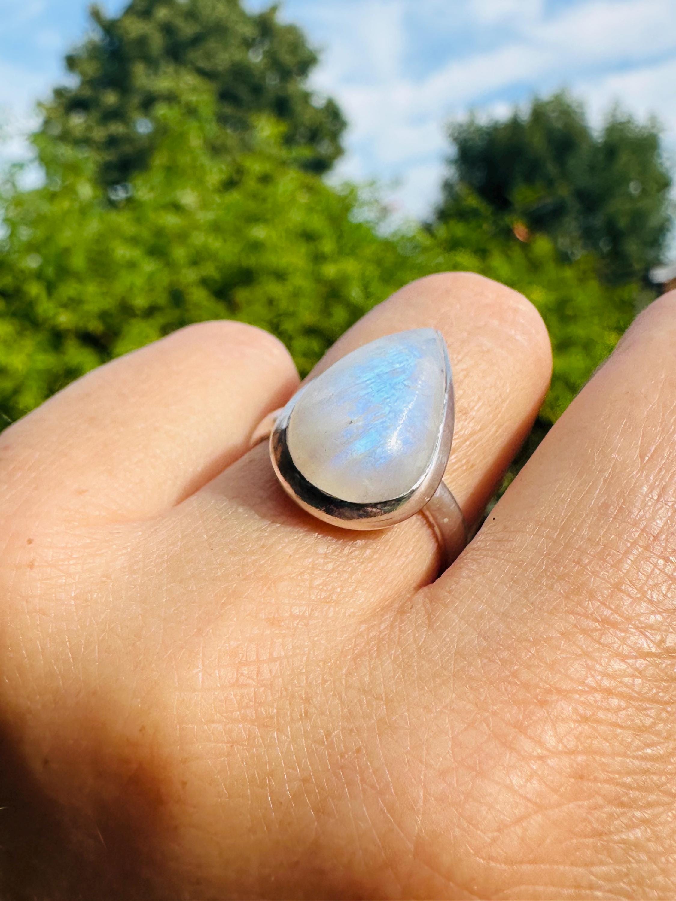 Blue Fire Moonstone Cabochon Ring, Teardrop 20mm x 13mm, Sterling Silver Handmade UK gift