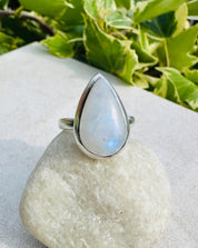 Blue Fire Moonstone Cabochon Ring, Teardrop 20mm x 13mm, Sterling Silver Handmade UK gift