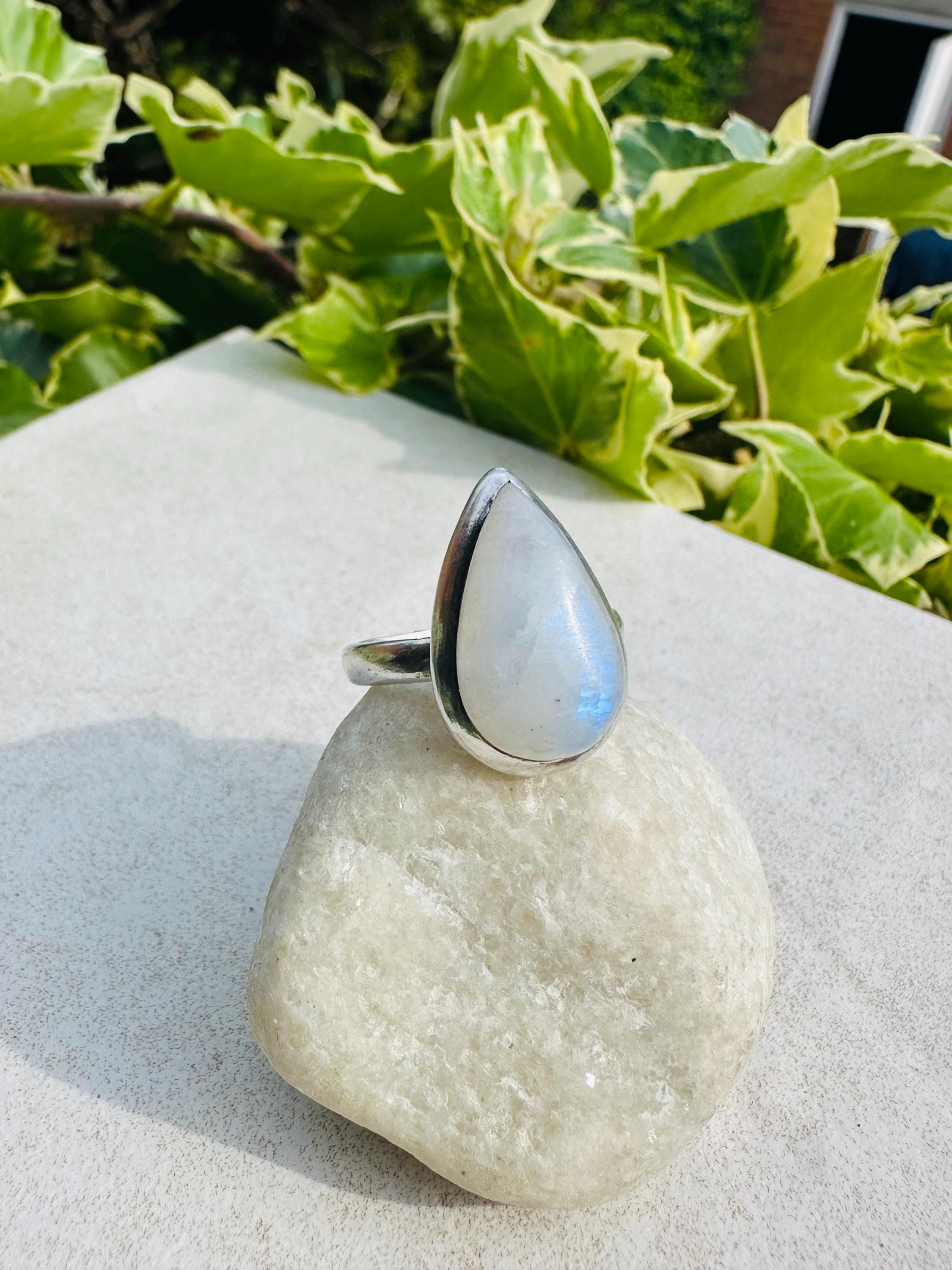 Blue Fire Moonstone Cabochon Ring, Teardrop 20mm x 13mm, Sterling Silver Handmade UK gift