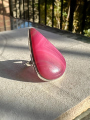 Pink Botswana Agate Ring, Teardrop 38mm x 25mm Sterling Silver, Handmade UK gift