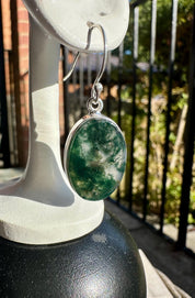 Moss Agate Dangle Earrings, Large Oval 20mm x 14mm Sterling Silver, Handmade UK gift