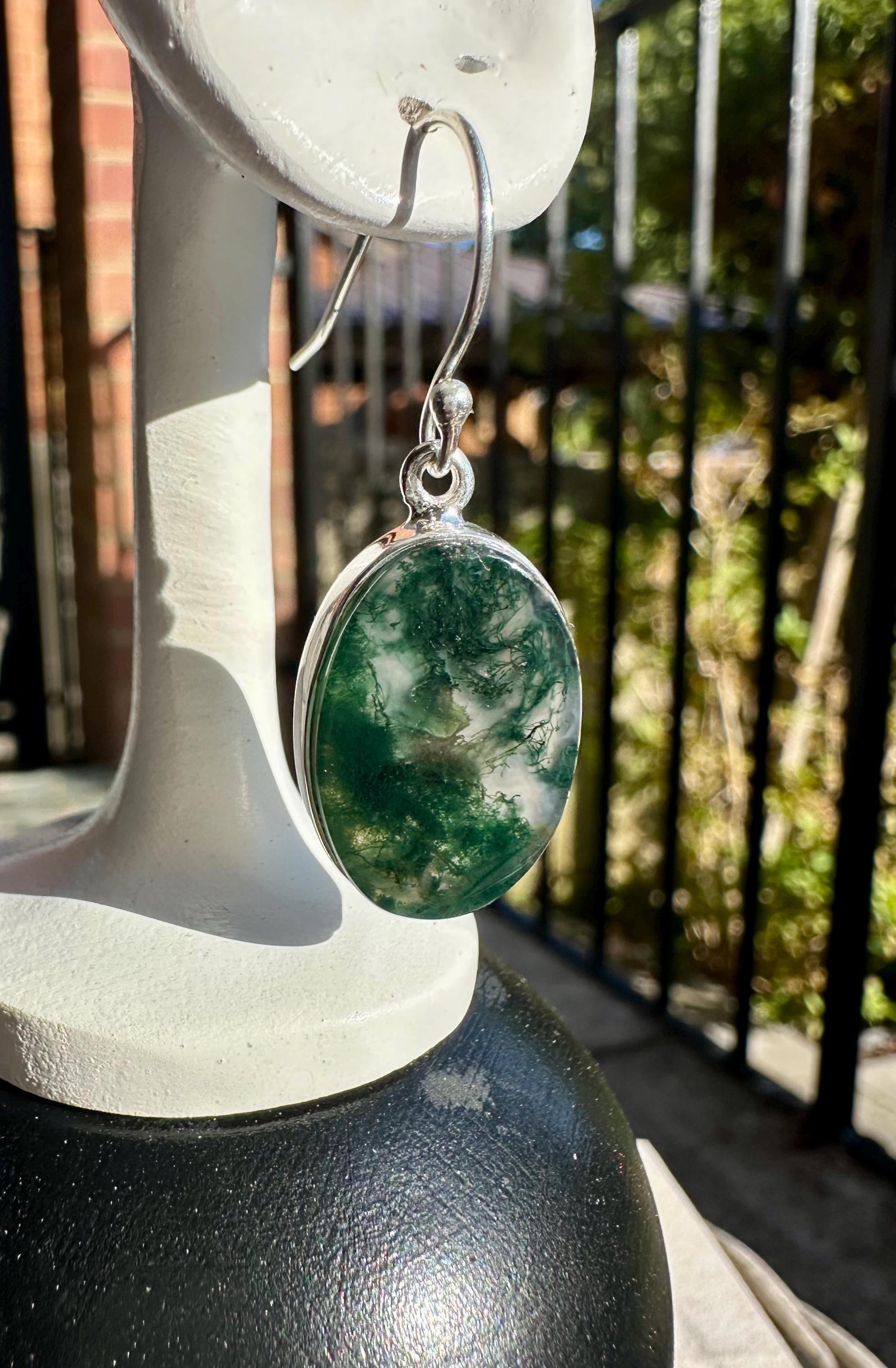 Moss Agate Dangle Earrings, Large Oval 20mm x 14mm Sterling Silver, Handmade UK gift