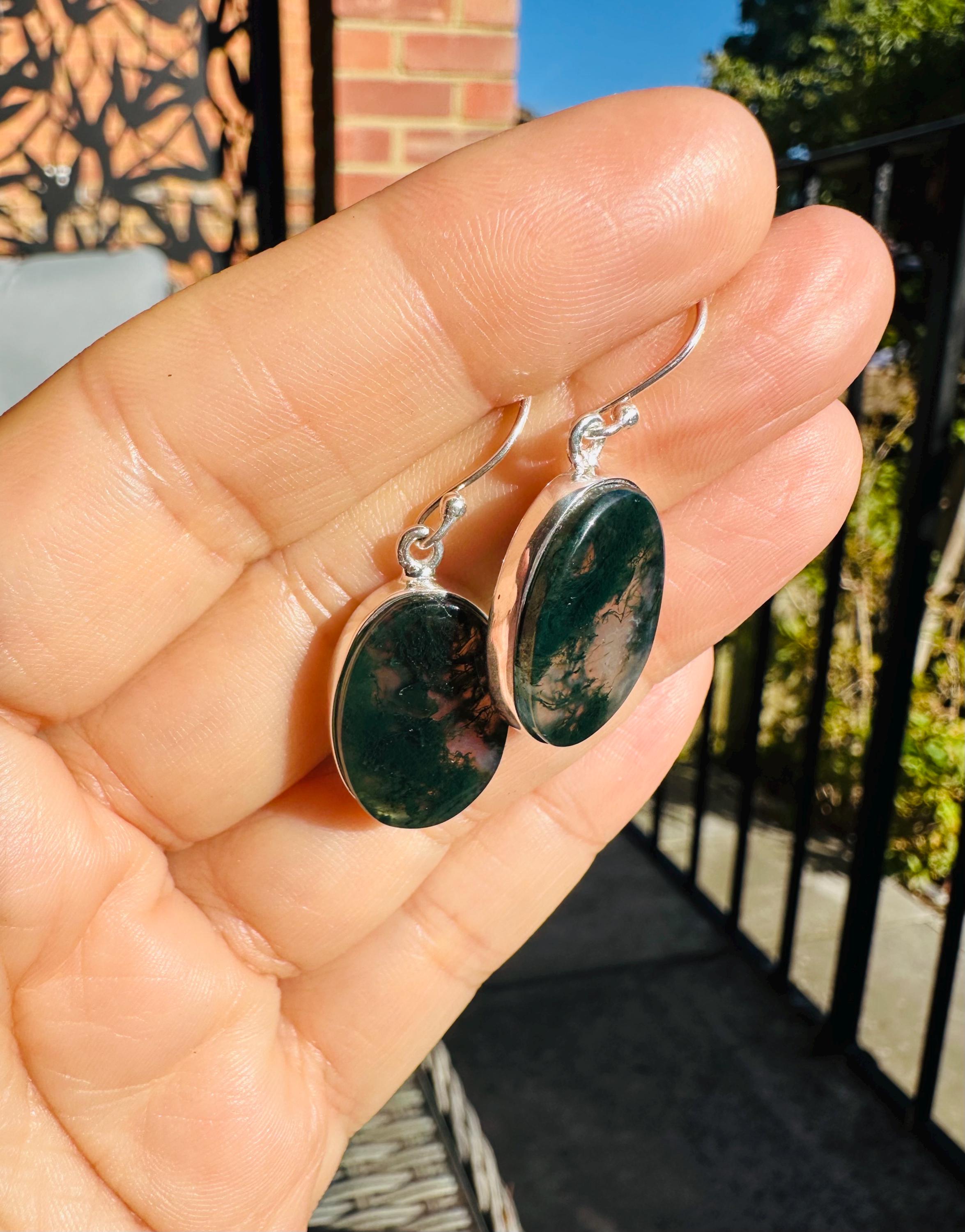 Moss Agate Dangle Earrings, Large Oval 20mm x 14mm Sterling Silver, Handmade UK gift