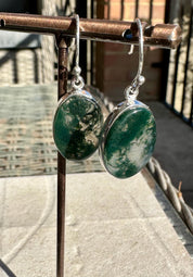 Moss Agate Dangle Earrings, Large Oval 20mm x 14mm Sterling Silver, Handmade UK gift
