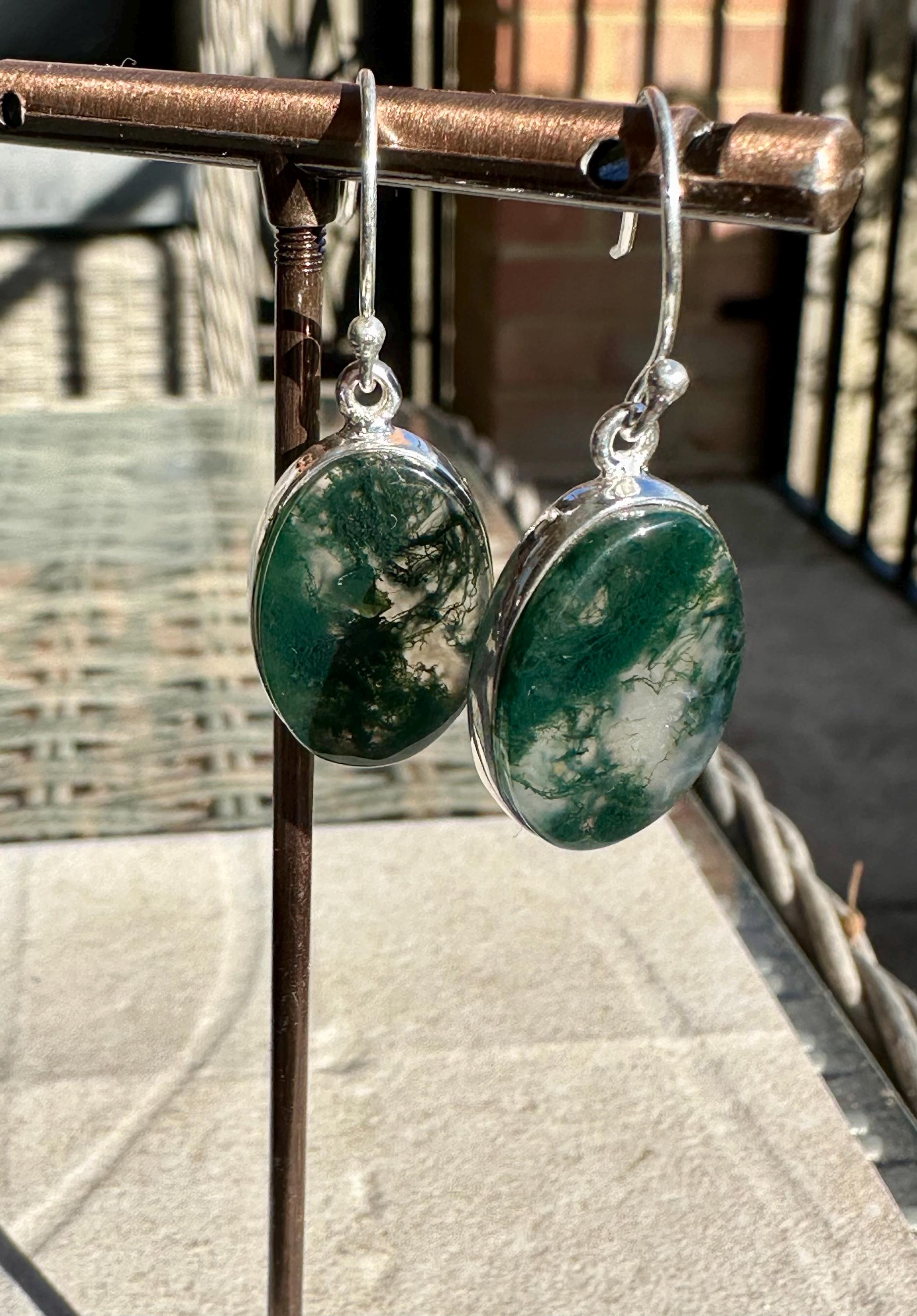 Moss Agate Dangle Earrings, Large Oval 20mm x 14mm Sterling Silver, Handmade UK gift