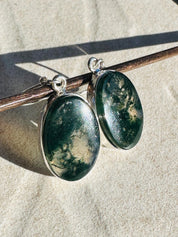 Moss Agate Dangle Earrings, Large Oval 20mm x 14mm Sterling Silver, Handmade UK gift