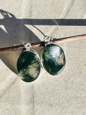 Moss Agate Dangle Earrings, Large Oval 20mm x 14mm Sterling Silver, Handmade UK gift