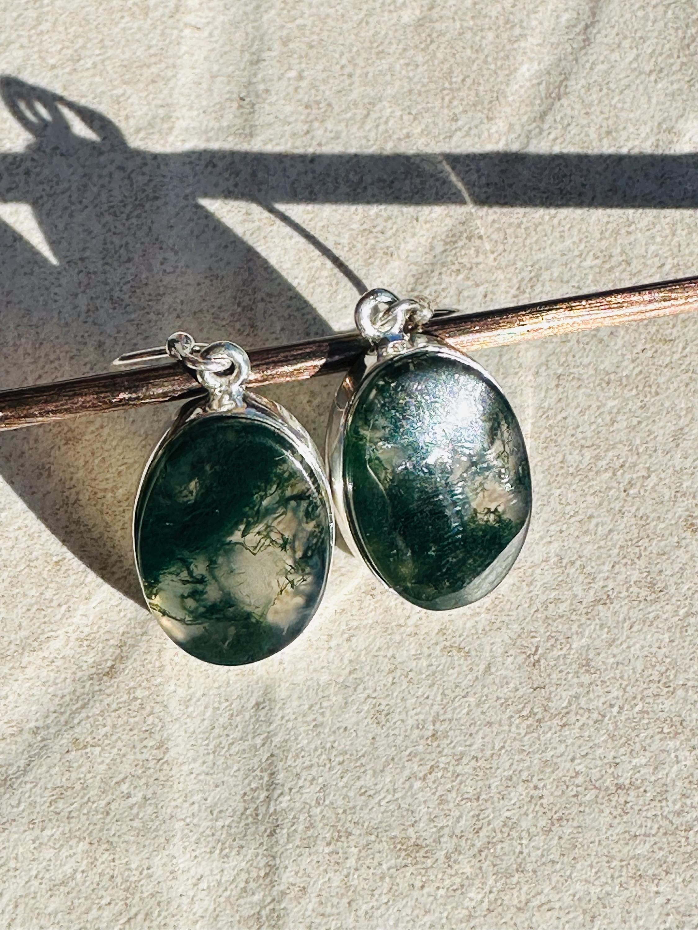 Moss Agate Dangle Earrings, Large Oval 20mm x 14mm Sterling Silver, Handmade UK gift