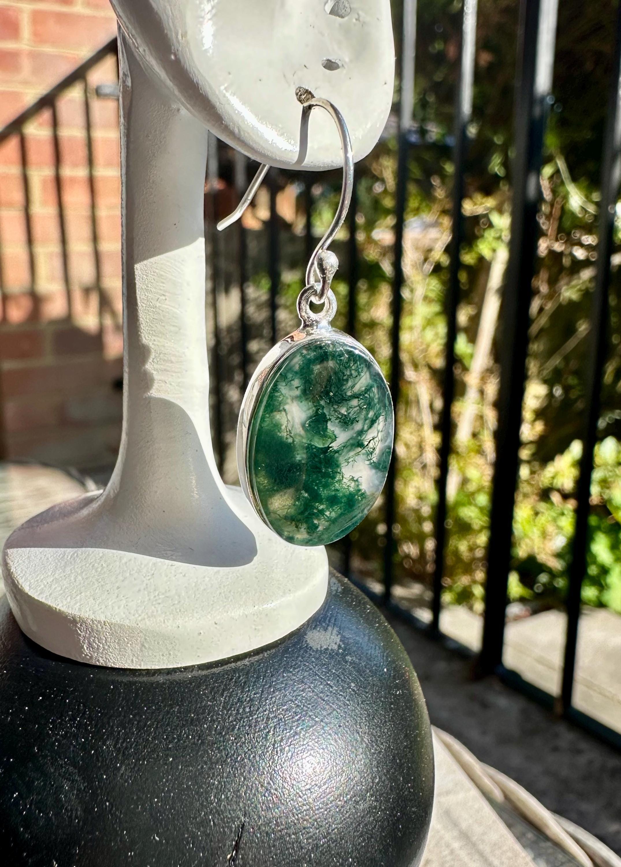 Moss Agate Dangle Earrings, Large Oval 20mm x 14mm Sterling Silver, Handmade UK gift
