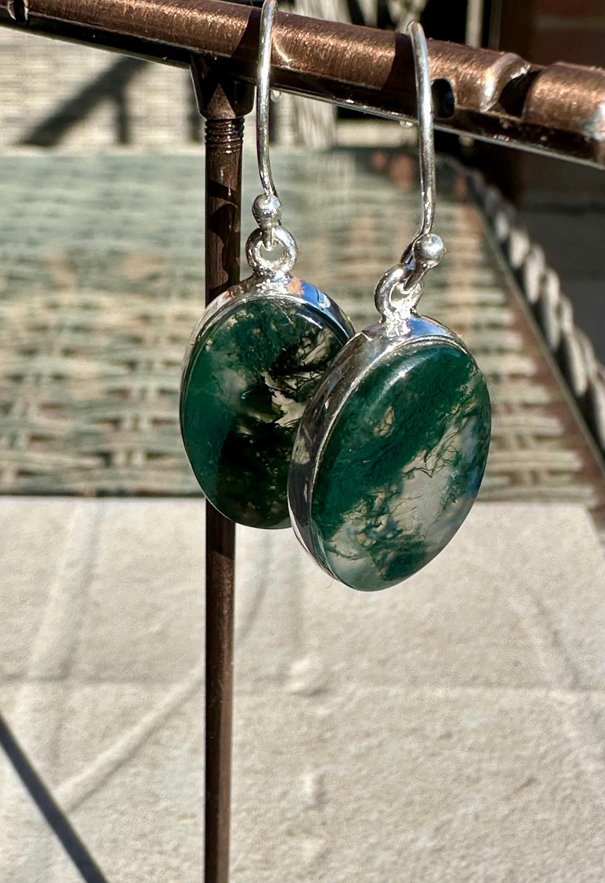 Moss Agate Dangle Earrings, Large Oval 20mm x 14mm Sterling Silver, Handmade UK gift