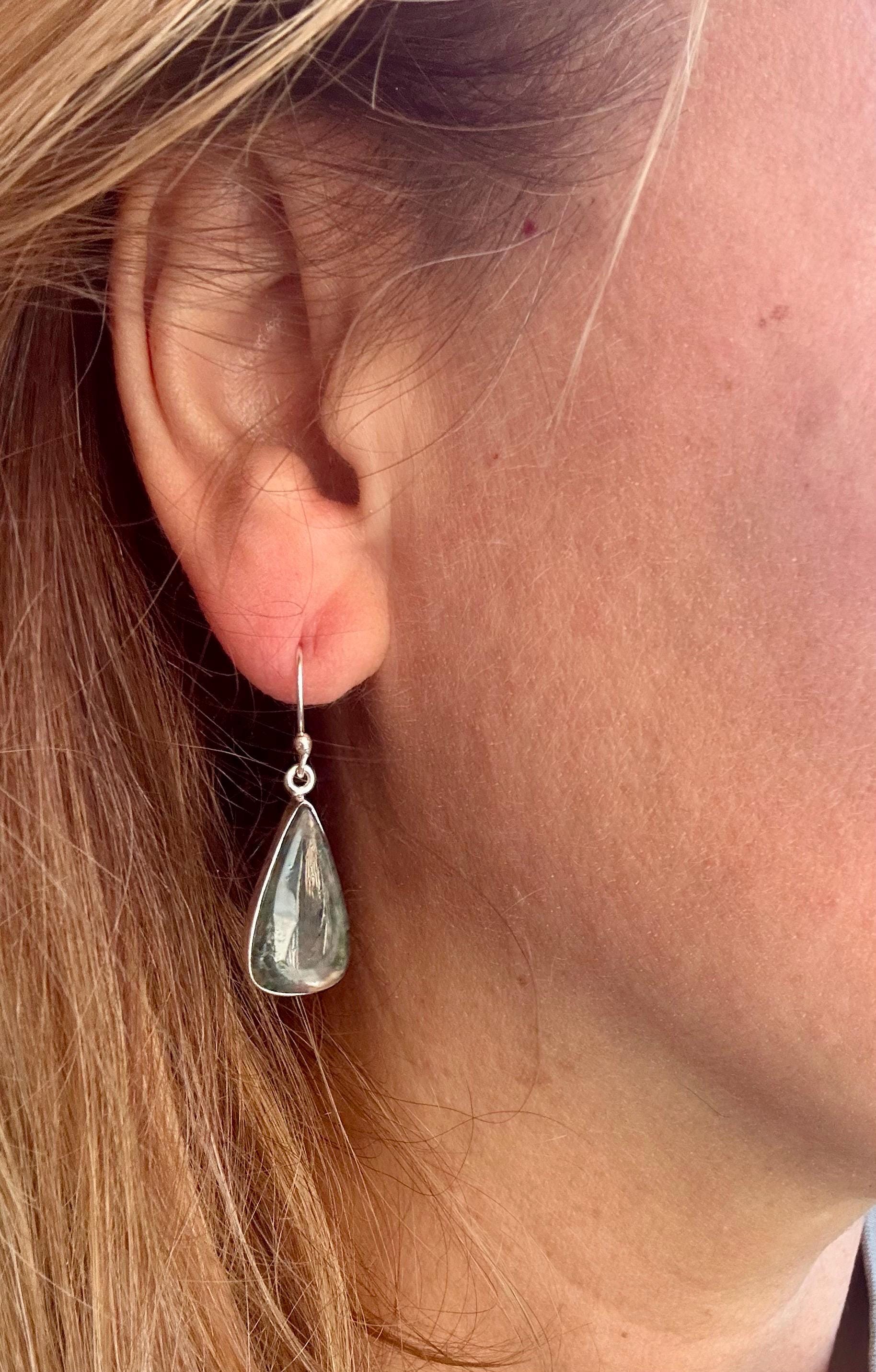 Moss Agate Dangle Earrings, Large Teardrop 22mm x 12mm Sterling Silver, Handmade UK gift